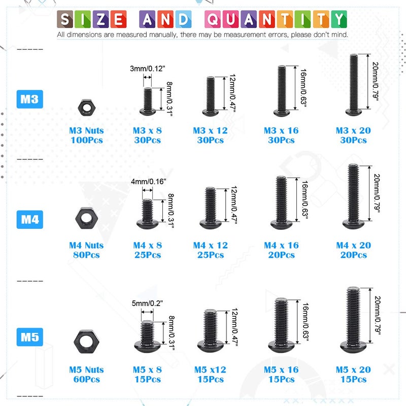 Glarks 510Pcs M3 M4 M5 Alloy Steel Button Head Socket Cap Bolts Screws with Nuts Assortment Kit, Black Oxide Finish(Button Head) - Image 2